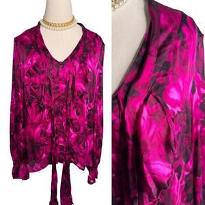 Anne Klein 100% silk floral button down poets blouse magenta pink black size 12